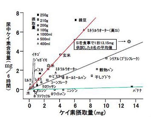 ケイ素摂取量と尿中ケイ素含有量（渡辺先生作図）